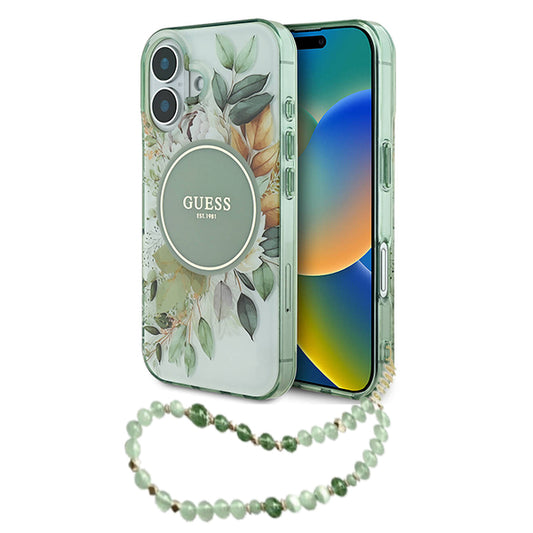 Custodia MagSafe per Apple iPhone 16 Plus, Guess, IML Flowers with Pearl Strap, Verde