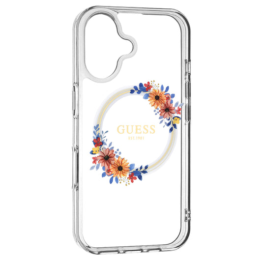 Custodia MagSafe per Apple iPhone 16 Plus, Guess, IML Flowers Wreath, Trasparente
