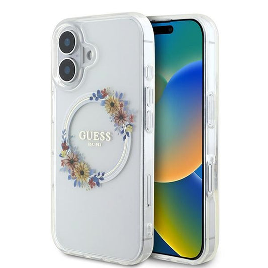 Custodia MagSafe per Apple iPhone 16 Plus, Guess, IML Flowers Wreath, Trasparente