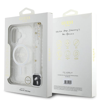 Custodia MagSafe per Apple iPhone 16 Plus, Guess, IML Glitter con Cinturino di Perle, Trasparente