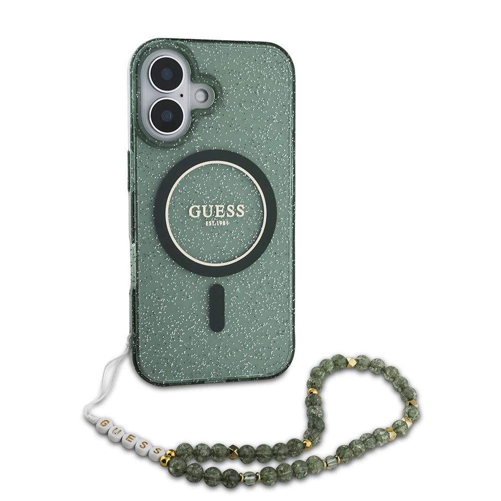 Custodia MagSafe per Apple iPhone 16 Plus, Guess, IML Glitter con Cinturino di Perle, Verde