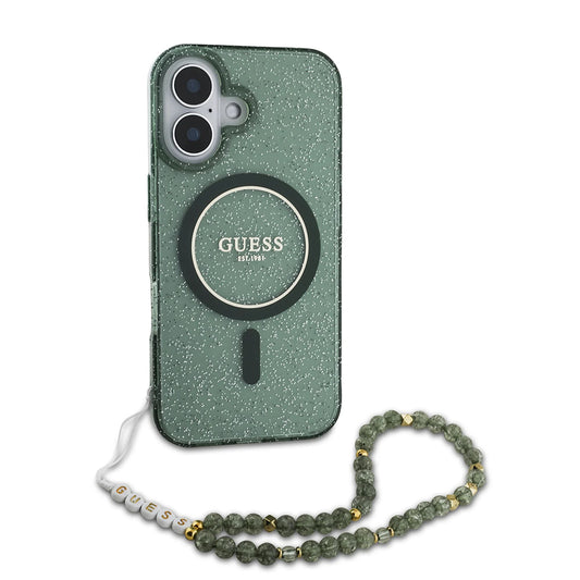 Custodia MagSafe per Apple iPhone 16 Plus, Guess, IML Glitter con Cinturino di Perle, Verde