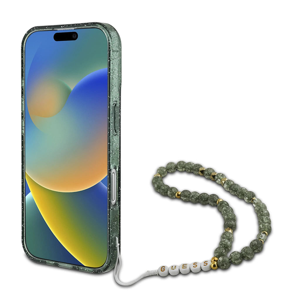 Custodia MagSafe per Apple iPhone 16 Plus, Guess, IML Glitter con Cinturino di Perle, Verde