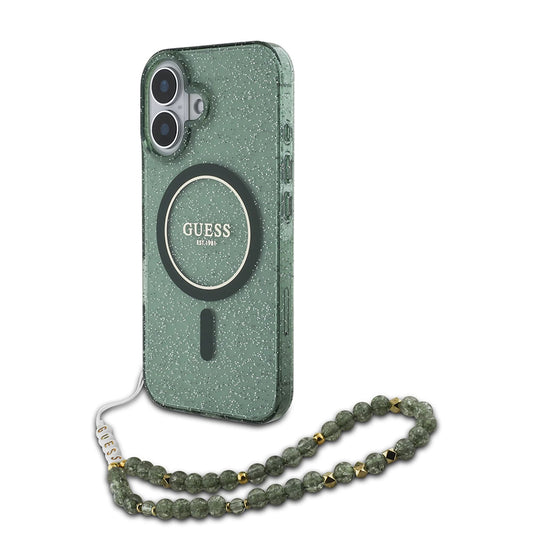 Custodia MagSafe per Apple iPhone 16 Plus, Guess, IML Glitter con Cinturino di Perle, Verde
