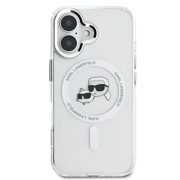 MagSafe Case for Apple iPhone 16 Plus, Karl Lagerfeld, IML Metal Karl & Choupette's Heads, White