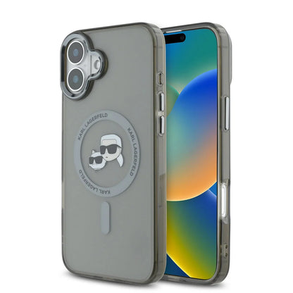 MagSafe Case for Apple iPhone 16 Plus, Karl Lagerfeld, IML Metal Karl & Choupette's Heads, Black