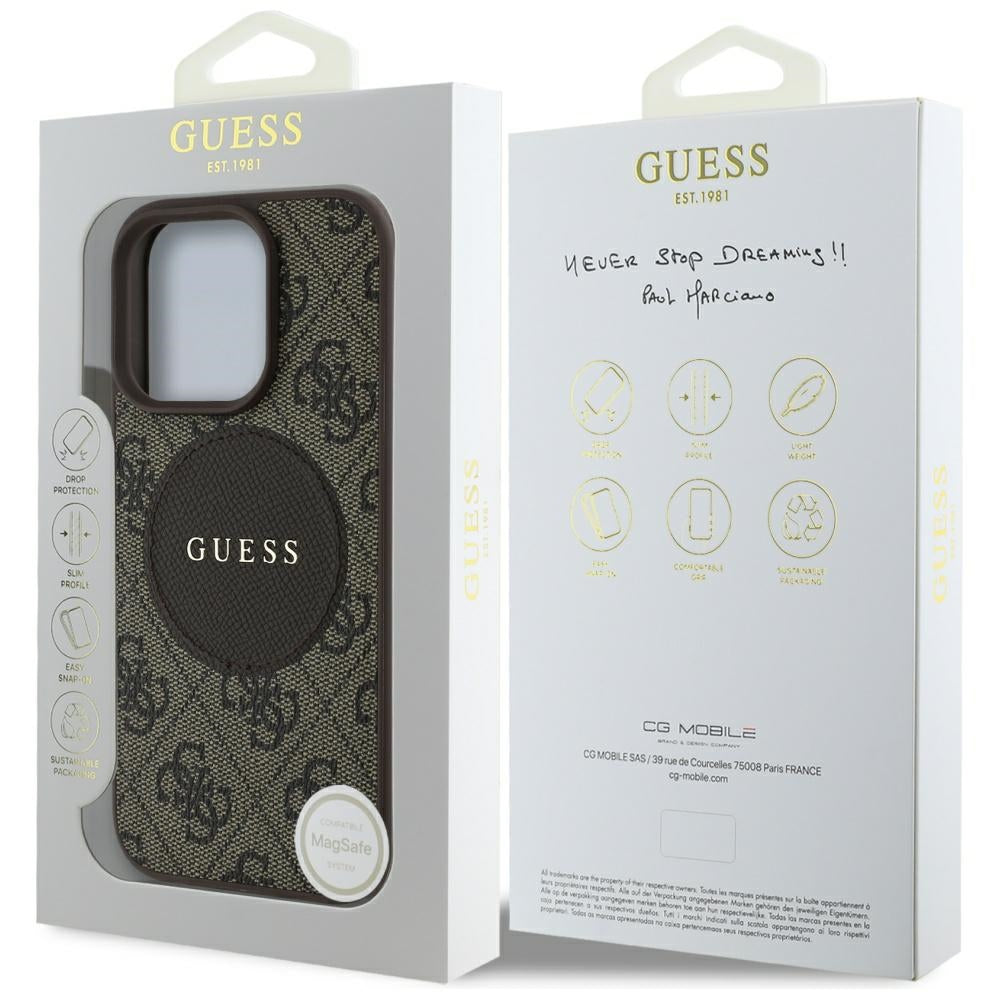Custodia MagSafe per Apple iPhone 16 Pro, Guess, 4G Circle Classic Logo, Marrone