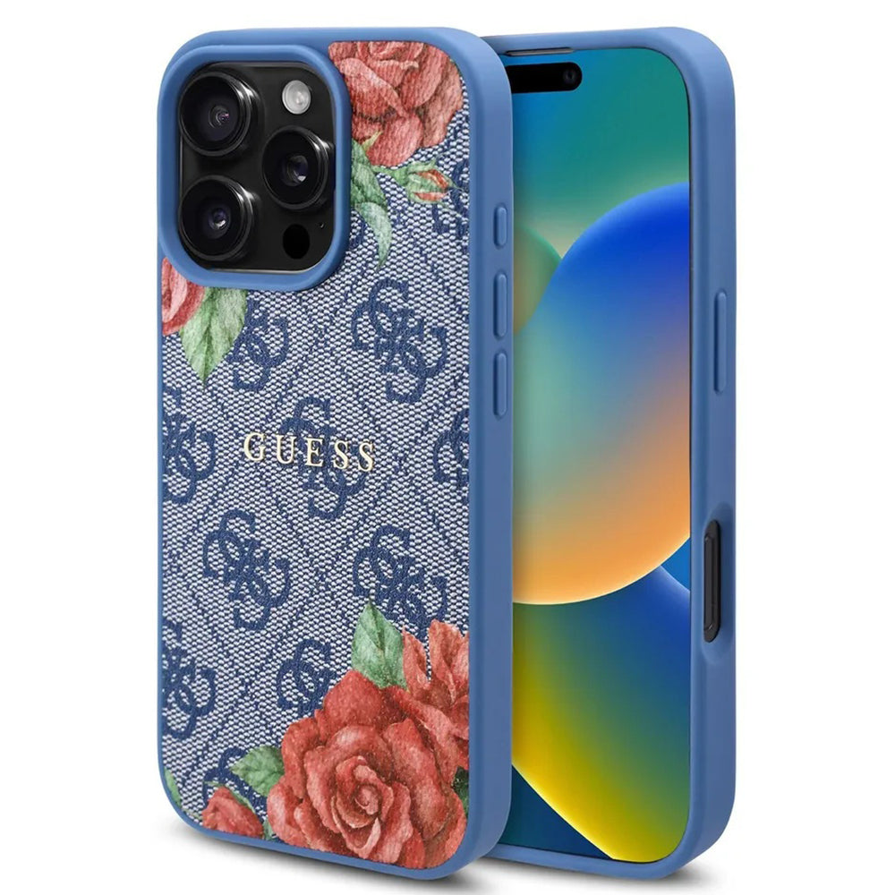 Custodia MagSafe per Apple iPhone 16 Pro, Guess, 4G Flowers Print, Blu