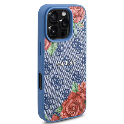 Custodia MagSafe per Apple iPhone 16 Pro, Guess, 4G Flowers Print, Blu