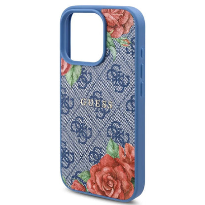 Custodia MagSafe per Apple iPhone 16 Pro, Guess, 4G Flowers Print, Blu