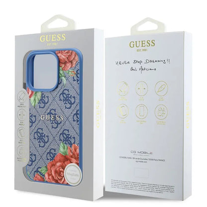 Custodia MagSafe per Apple iPhone 16 Pro, Guess, 4G Flowers Print, Blu