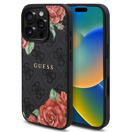 Custodia MagSafe per Apple iPhone 16 Pro, Guess, 4G Flowers Print, Nera