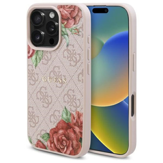 Custodia MagSafe per Apple iPhone 16 Pro, Guess, 4G Flowers Print, Rosa