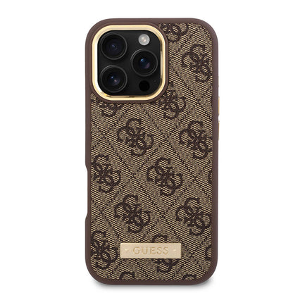 Custodia MagSafe per Apple iPhone 16 Pro, Guess, 4G Logo Plate, Marrone
