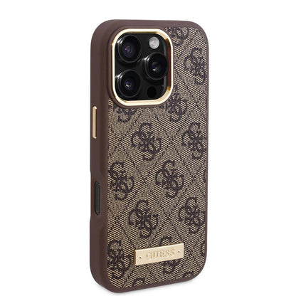 Custodia MagSafe per Apple iPhone 16 Pro, Guess, 4G Logo Plate, Marrone