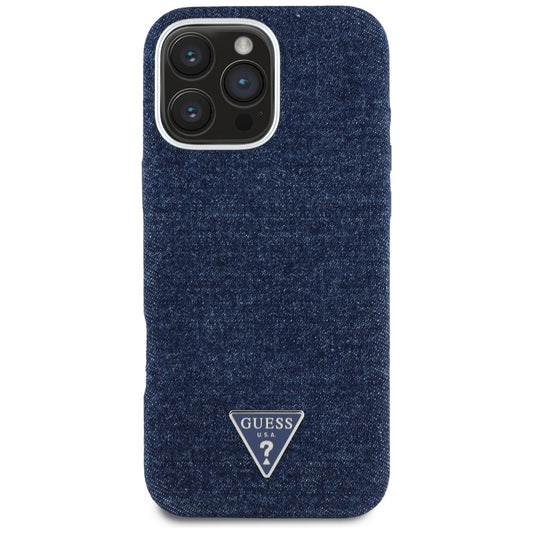 Custodia MagSafe per Apple iPhone 16 Pro, Guess, Denim Triangle Logo, Blu