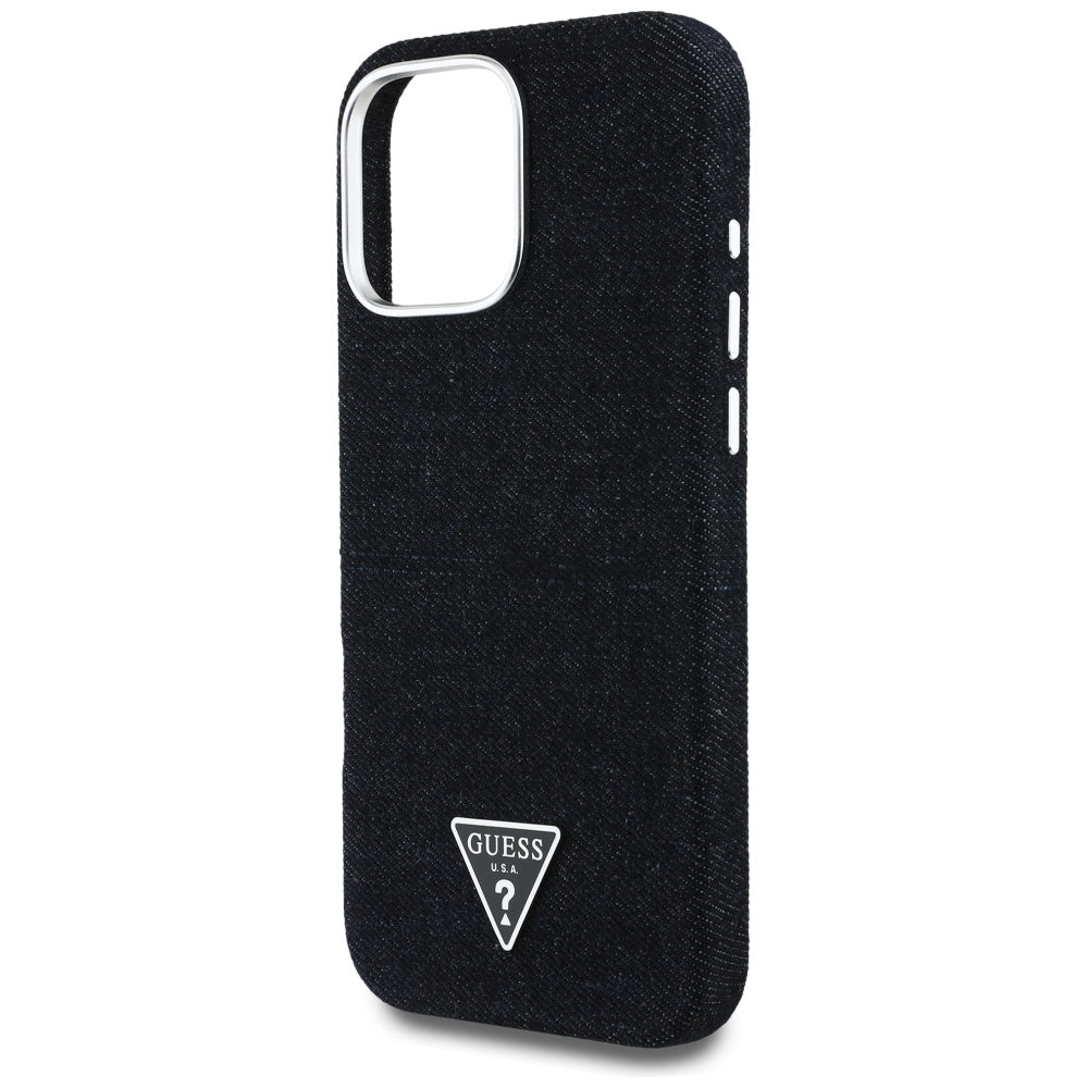 Custodia MagSafe per Apple iPhone 16 Pro, Guess, Denim Triangle Logo, Nera