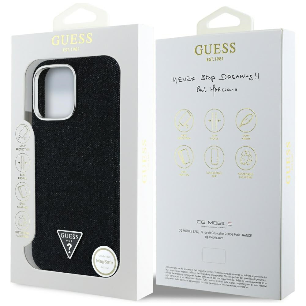 Custodia MagSafe per Apple iPhone 16 Pro, Guess, Denim Triangle Logo, Nera