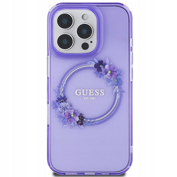 Custodia MagSafe per Apple iPhone 16 Pro, Guess, IML Flowers Wreath, Viola