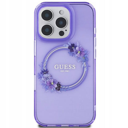 Custodia MagSafe per Apple iPhone 16 Pro, Guess, IML Flowers Wreath, Viola