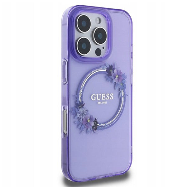 Custodia MagSafe per Apple iPhone 16 Pro, Guess, IML Flowers Wreath, Viola