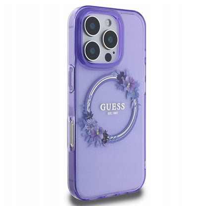 Custodia MagSafe per Apple iPhone 16 Pro, Guess, IML Flowers Wreath, Viola