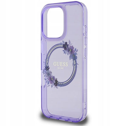 Custodia MagSafe per Apple iPhone 16 Pro, Guess, IML Flowers Wreath, Viola