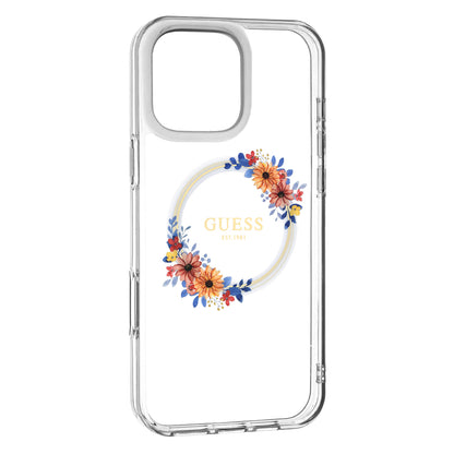 MagSafe Case for Apple iPhone 16 Pro, Guess, IML Flowers Wreath, Transparent