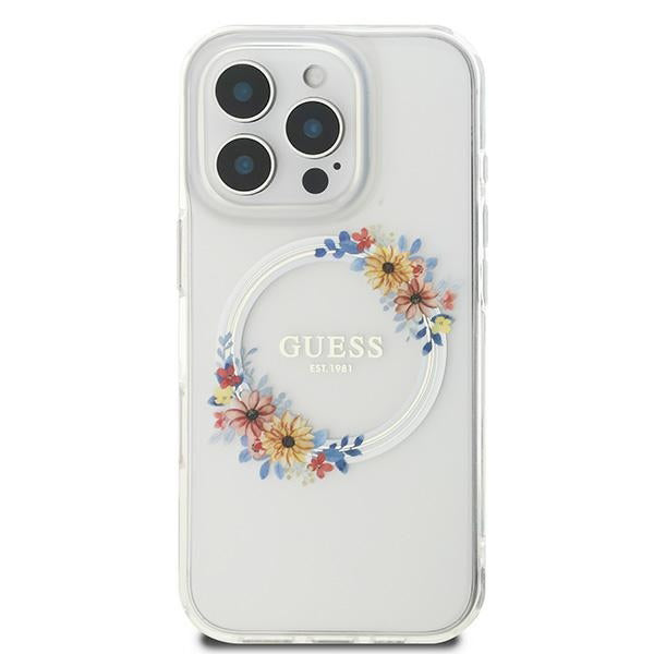 MagSafe Case for Apple iPhone 16 Pro, Guess, IML Flowers Wreath, Transparent