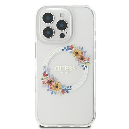 MagSafe Case for Apple iPhone 16 Pro, Guess, IML Flowers Wreath, Transparent