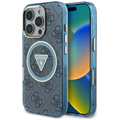 Custodia MagSafe per Apple iPhone 16 Pro, Guess, IML Glitter 4G Circle Triangle, Blu
