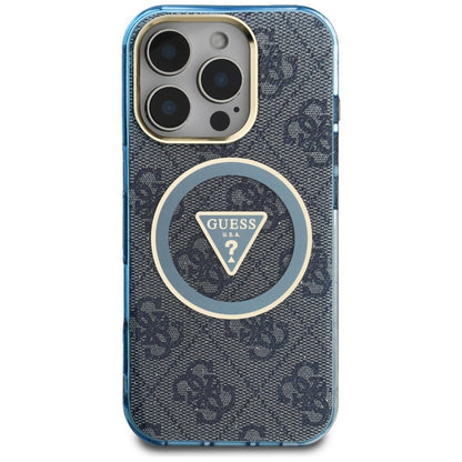 Custodia MagSafe per Apple iPhone 16 Pro, Guess, IML Glitter 4G Circle Triangle, Blu