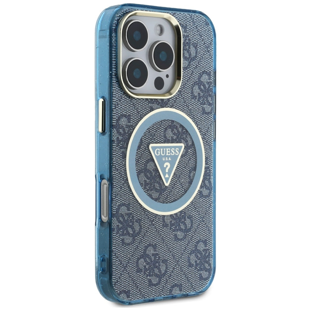 Custodia MagSafe per Apple iPhone 16 Pro, Guess, IML Glitter 4G Circle Triangle, Blu