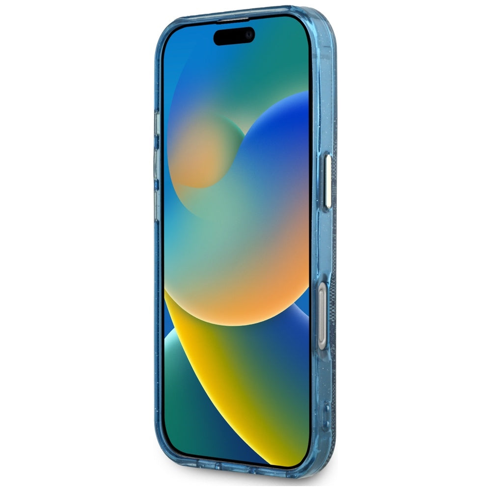 Custodia MagSafe per Apple iPhone 16 Pro, Guess, IML Glitter 4G Circle Triangle, Blu