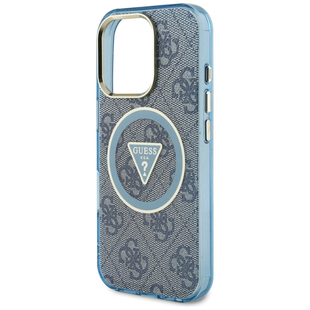 Custodia MagSafe per Apple iPhone 16 Pro, Guess, IML Glitter 4G Circle Triangle, Blu