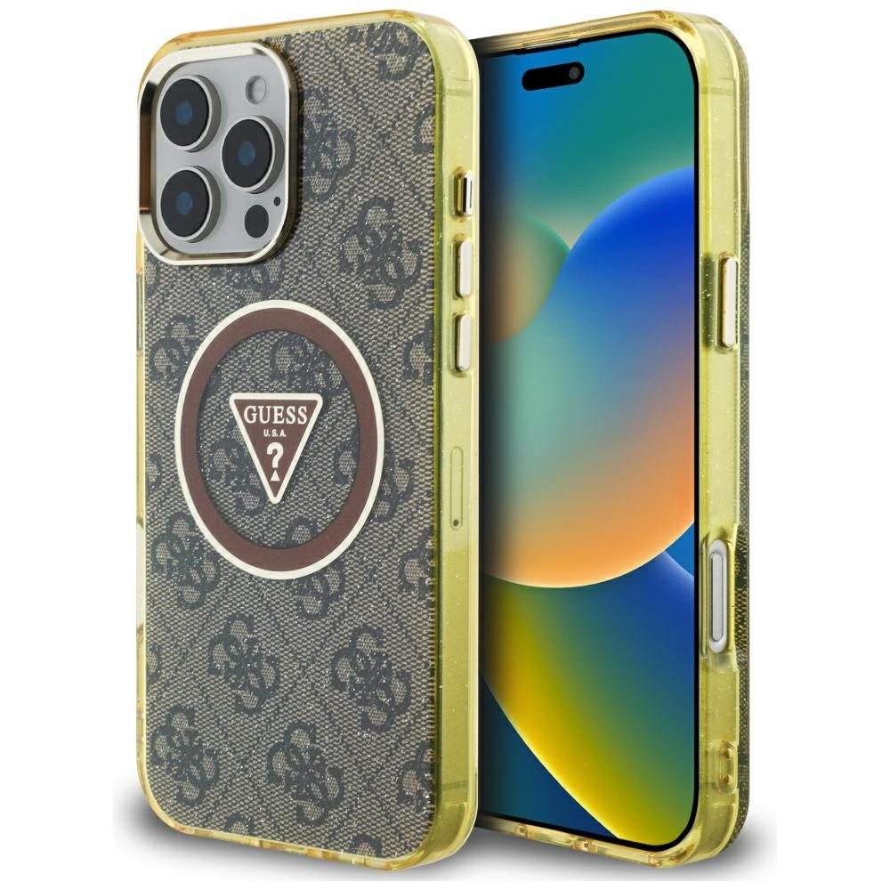 Custodia MagSafe per Apple iPhone 16 Pro, Guess, IML Glitter 4G Circle Triangle, Marrone