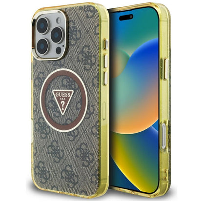 Custodia MagSafe per Apple iPhone 16 Pro, Guess, IML Glitter 4G Circle Triangle, Marrone