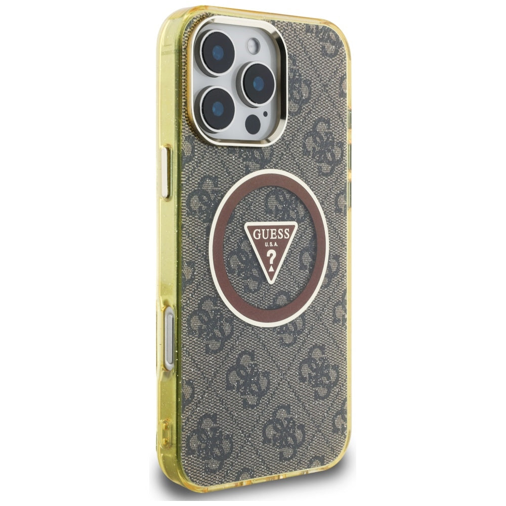 Custodia MagSafe per Apple iPhone 16 Pro, Guess, IML Glitter 4G Circle Triangle, Marrone