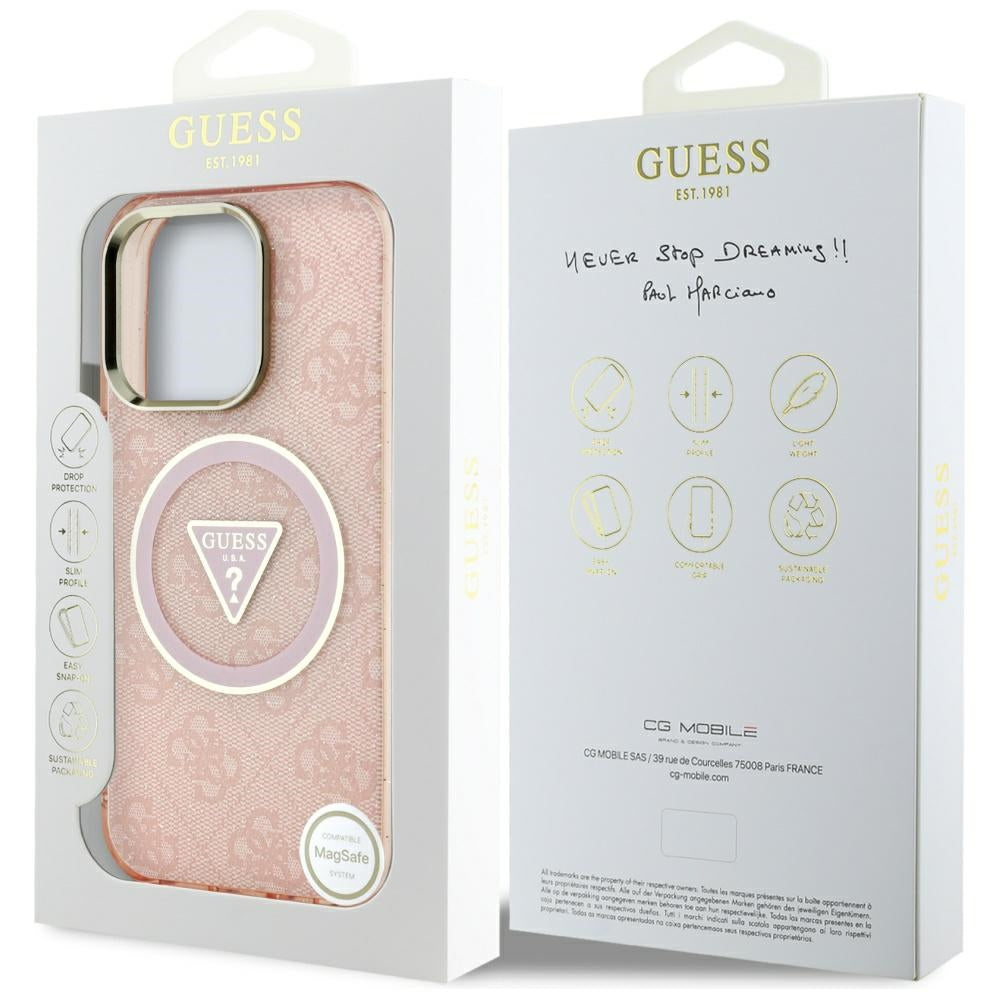 MagSafe Case for Apple iPhone 16 Pro, Guess, IML Glitter 4G Circle Triangle, Pink
