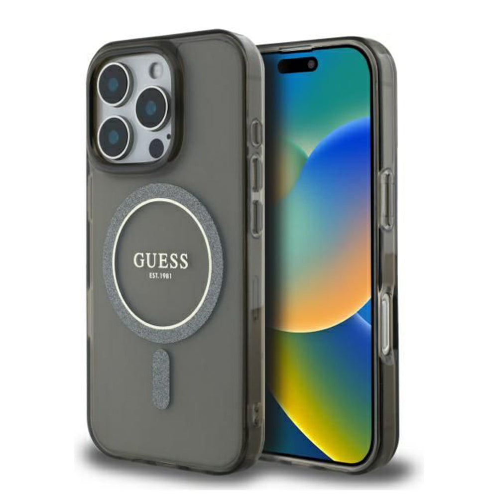 Custodia MagSafe per Apple iPhone 16 Pro, Guess, IML Glitter Ring, Nera