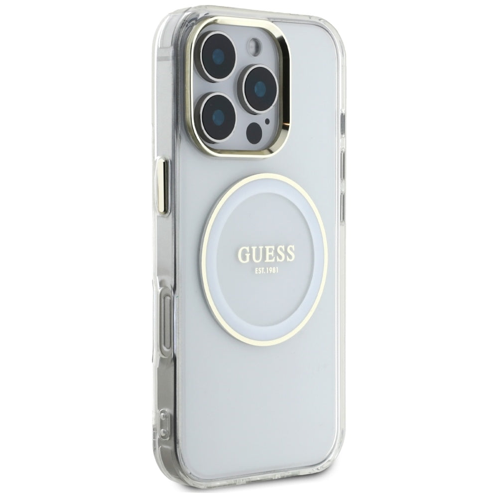 Custodia MagSafe per Apple iPhone 16 Pro, Guess, IML Metal Colored Circle, Bianca