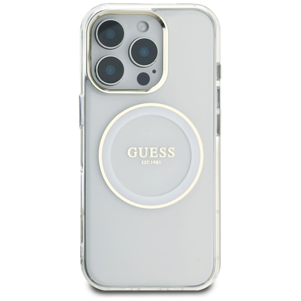 Custodia MagSafe per Apple iPhone 16 Pro, Guess, IML Metal Colored Circle, Bianca