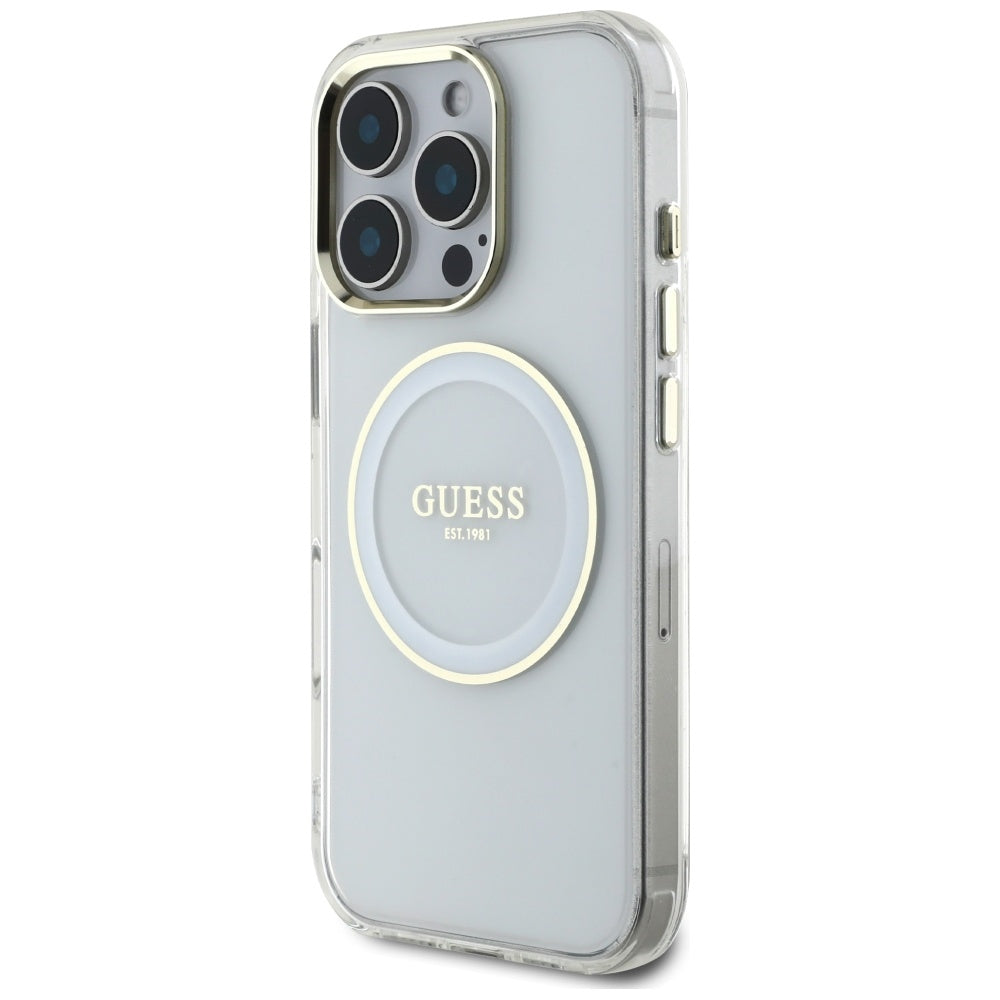 Custodia MagSafe per Apple iPhone 16 Pro, Guess, IML Metal Colored Circle, Bianca
