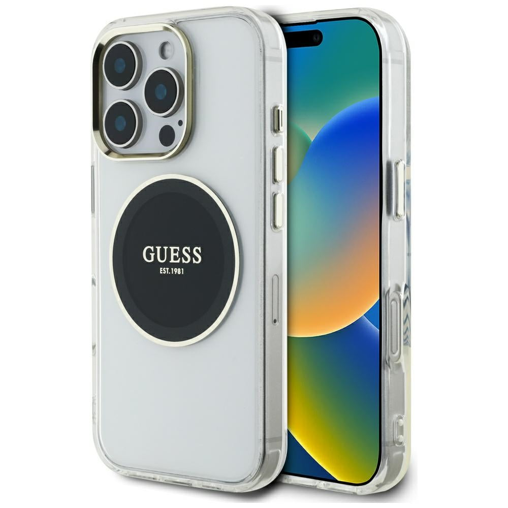 Custodia MagSafe per Apple iPhone 16 Pro, Guess, IML Metal Colored Circle, Nera