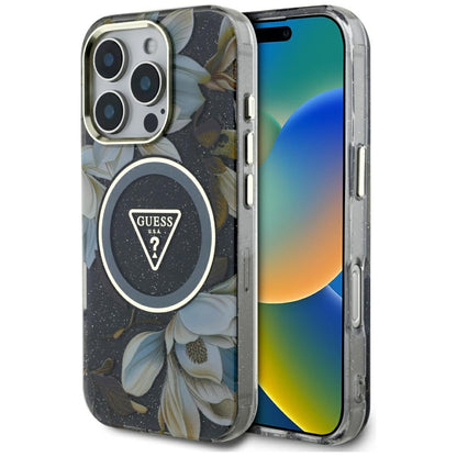 Custodia MagSafe per Apple iPhone 16 Pro, Guess, IML Metal Glitter Flowers Triangle, Nera