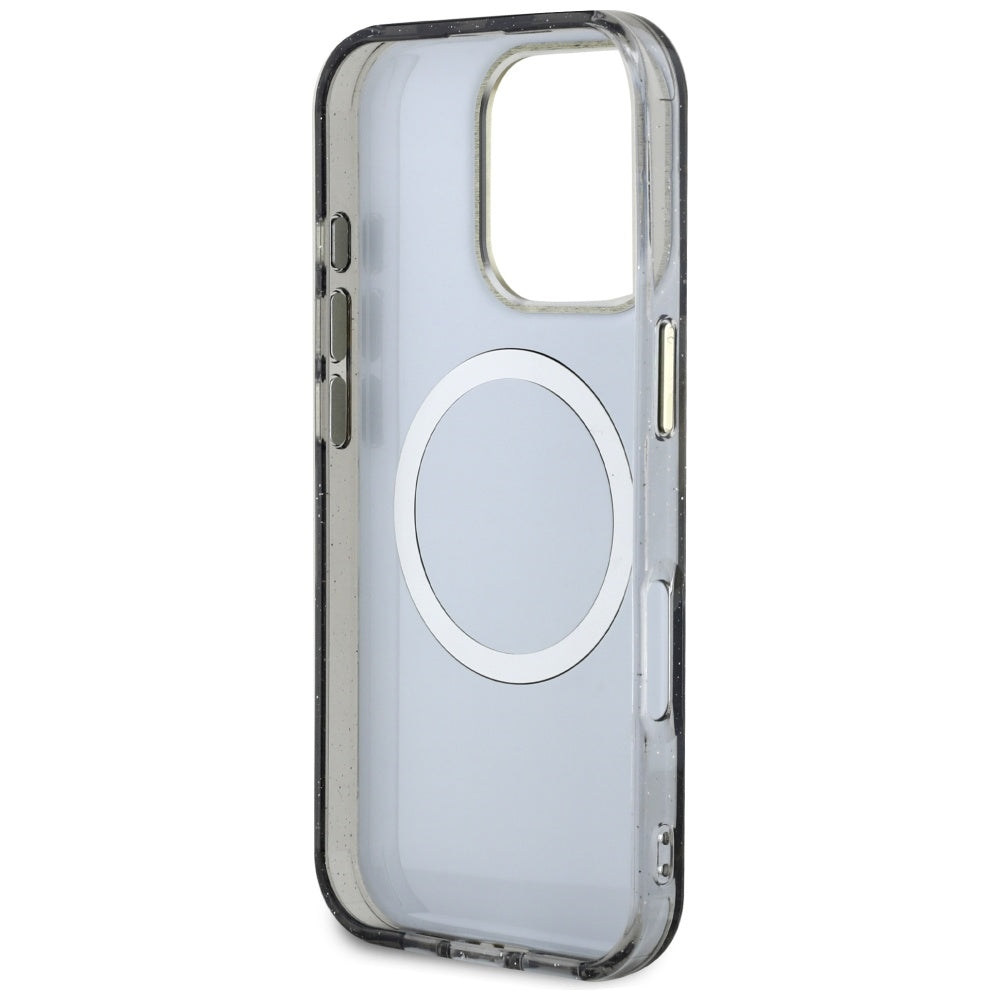 Custodia MagSafe per Apple iPhone 16 Pro, Guess, IML Metal Glitter Flowers Triangle, Nera