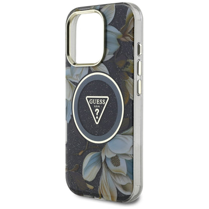 Custodia MagSafe per Apple iPhone 16 Pro, Guess, IML Metal Glitter Flowers Triangle, Nera