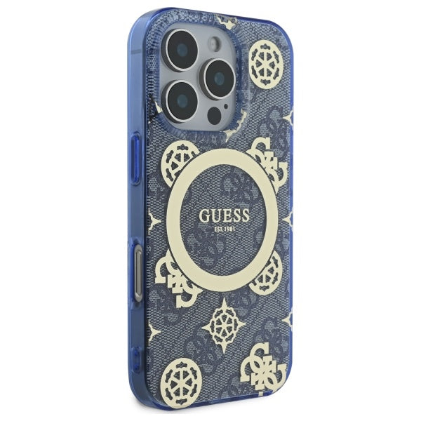 Custodia MagSafe per Apple iPhone 16 Pro, Guess, IML Peony On 4G Background, Blu
