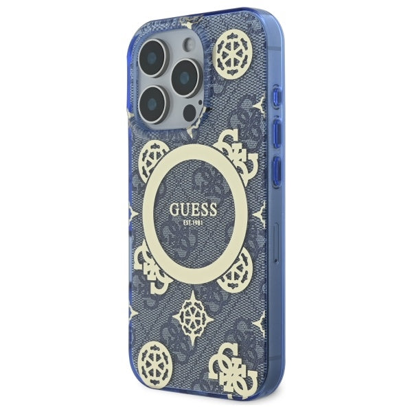 Custodia MagSafe per Apple iPhone 16 Pro, Guess, IML Peony On 4G Background, Blu