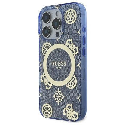 Custodia MagSafe per Apple iPhone 16 Pro, Guess, IML Peony On 4G Background, Blu